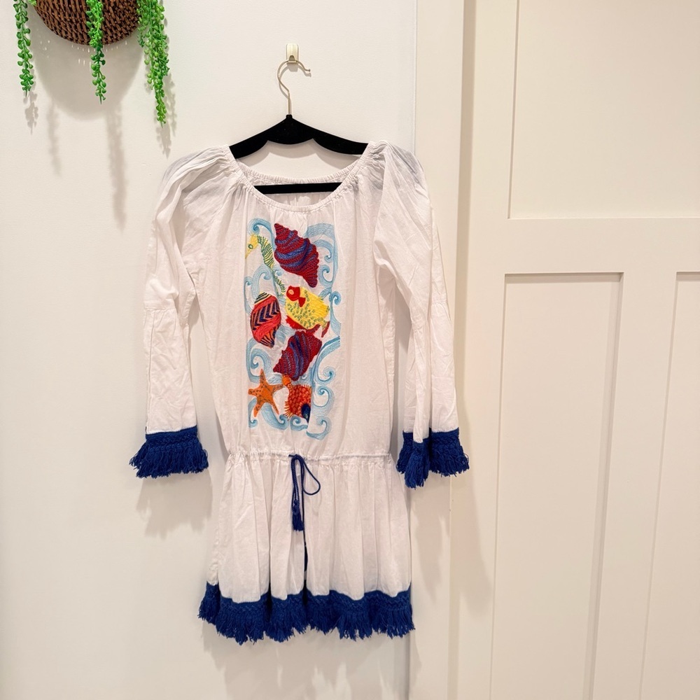 Haideah Beach Embroidered Tropical Fish Shells Beachy Coverup Dress Fringe